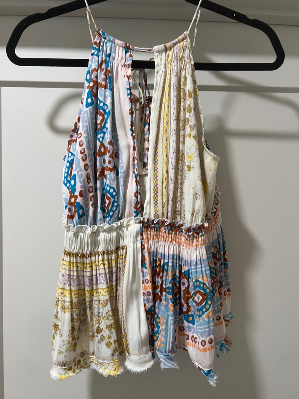 Free People Multicolor Patchwork Halter Romper - Blue, Brown, Yellow, Cream